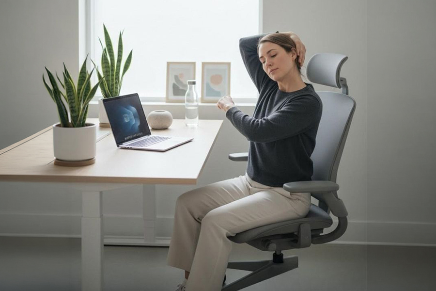 Person demonstrating a seated shoulder roll exercise at their desk
